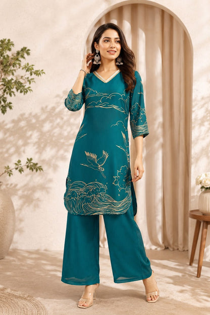 Ocean Teal Artistic Print Satin Georgette Co-Ord Set