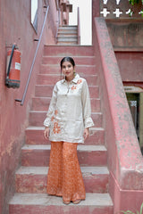 Beige Bloom Satin Georgette Digital Print Co-Ord Set with Embroidered Top