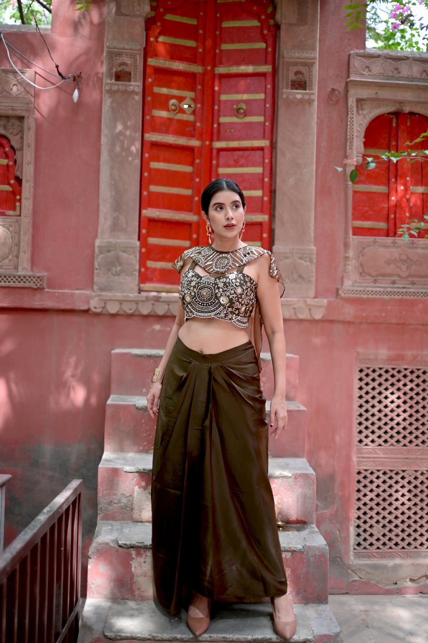 Olive Aura Draped Fusion Set