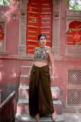 Olive Embellished Blouse & Draped Skirt Set for Women — Indo-Western Fusion
