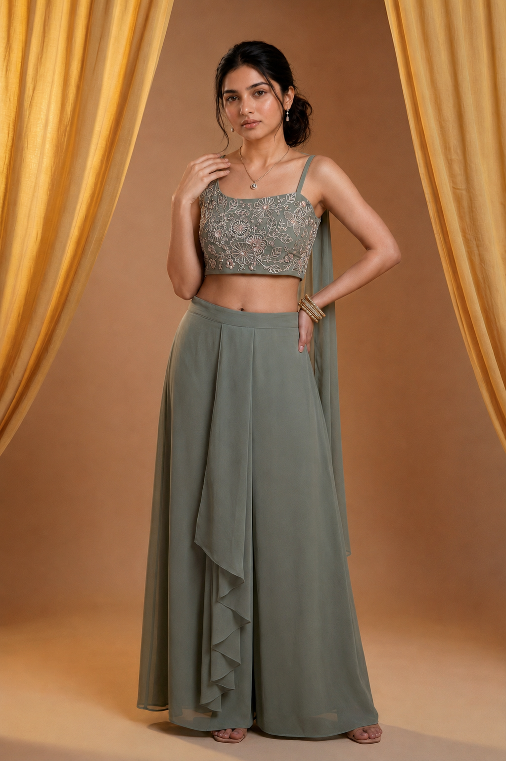 Sage Green One-Shoulder Crop Top & Layered Skirt Set — Fox Georgette