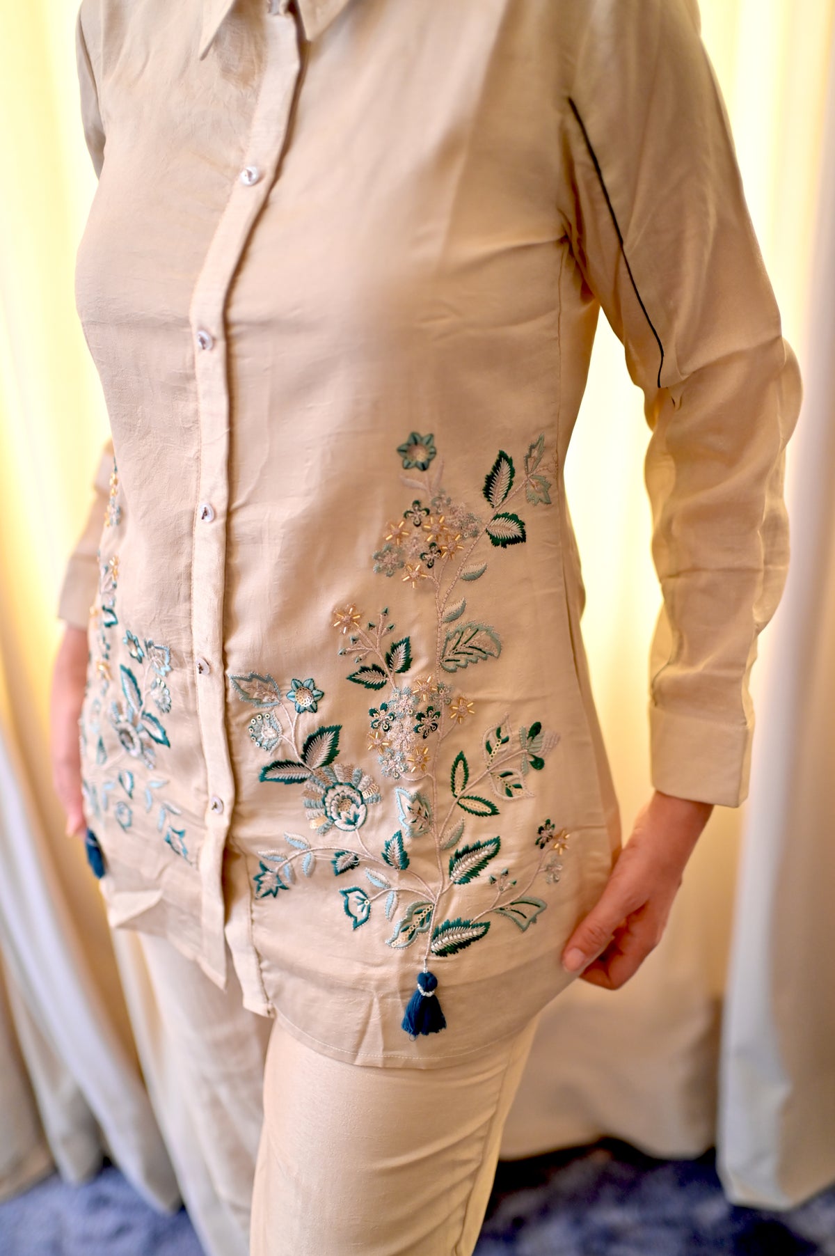 Sand Beige Ethnic Co-Ord Set for Women — Vichitra Zazu Silk Shirt Top & Trousers