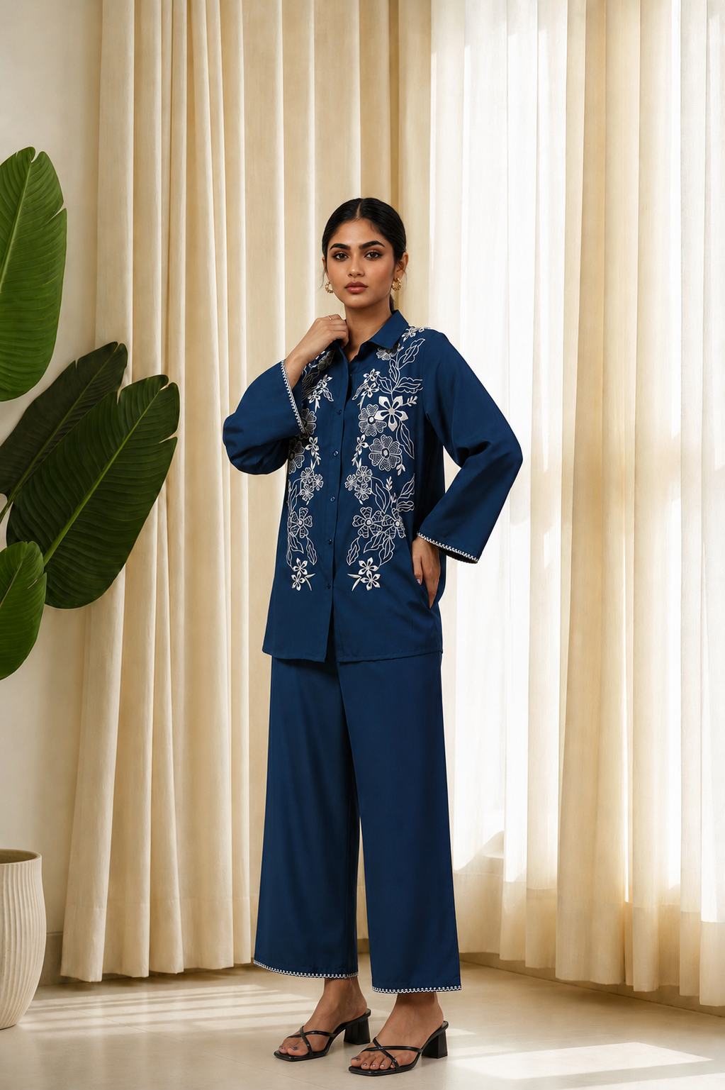 Sapphire Blue Embroidered Shirt Co-Ord Set for Women — Shirt-Collar Top & Trousers