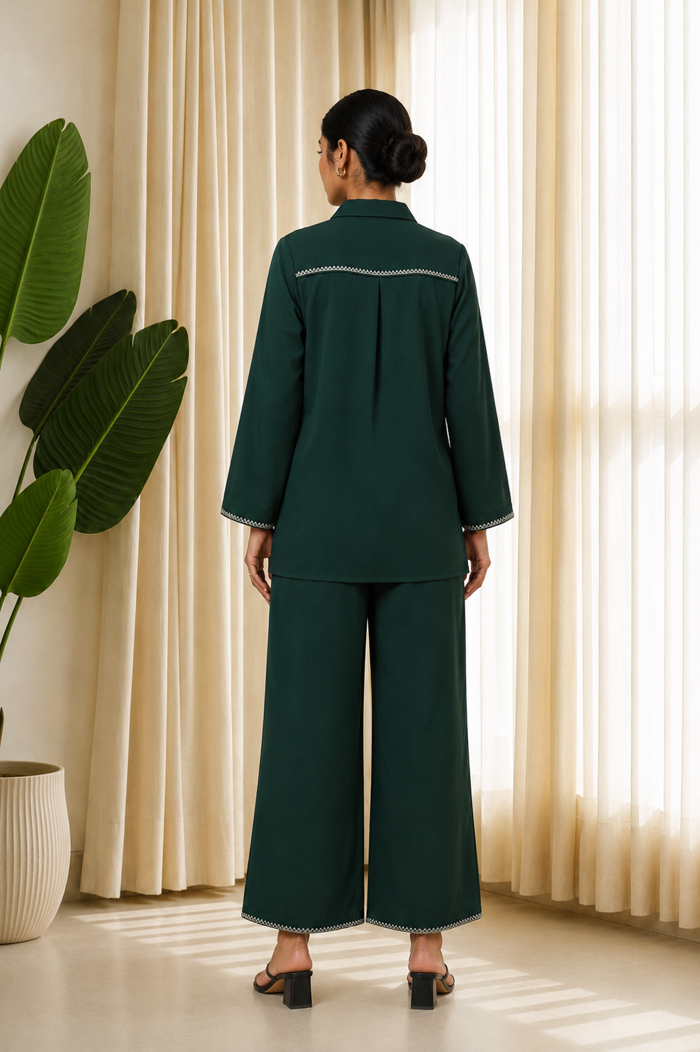 Emerald Green Floral Embroidered Co-Ord Set for Women — Shirt-Collar Top & Wide-Leg Trousers