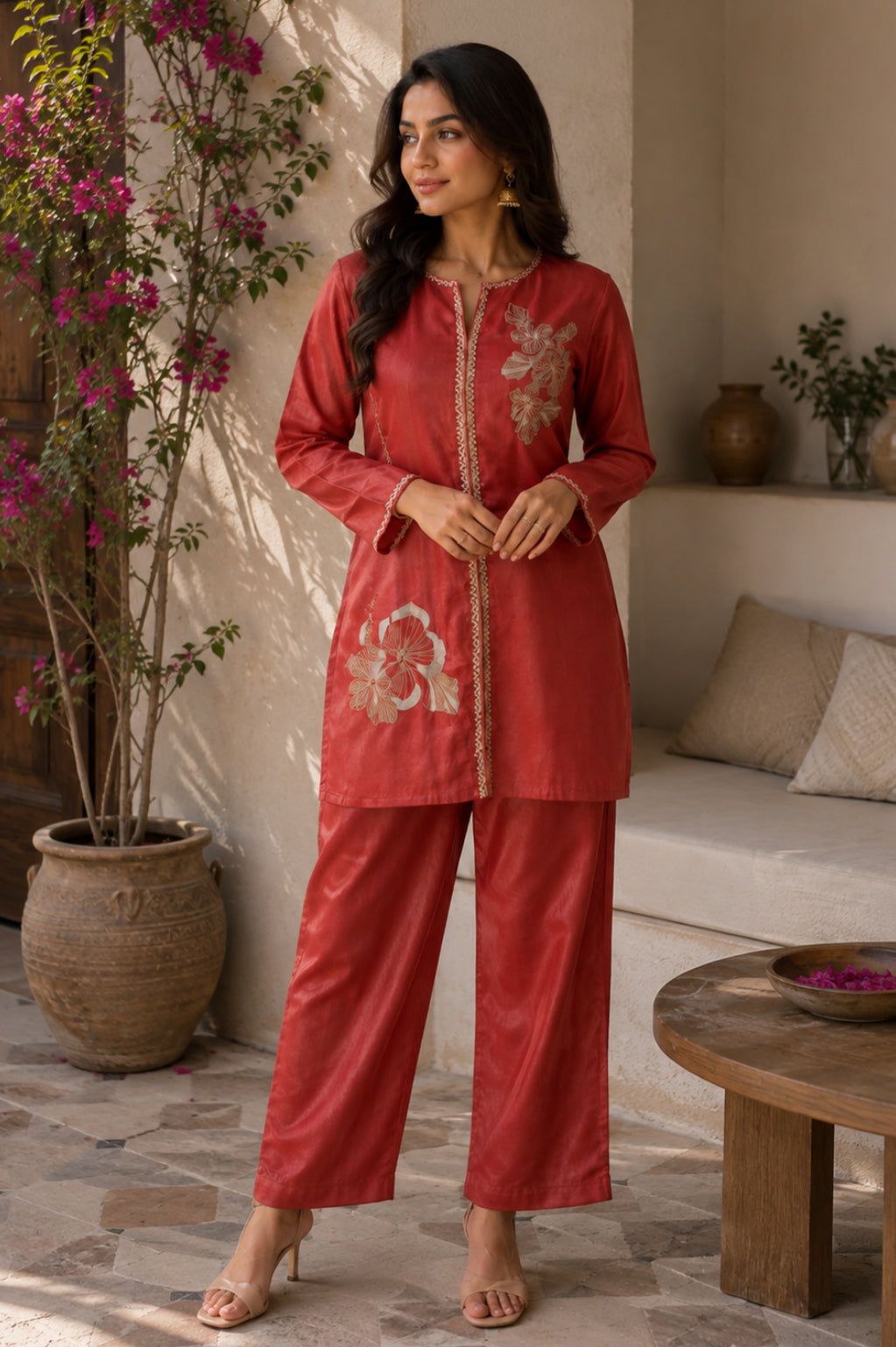 Gajri Floral Embroidered Malchanderi Co-Ord Set