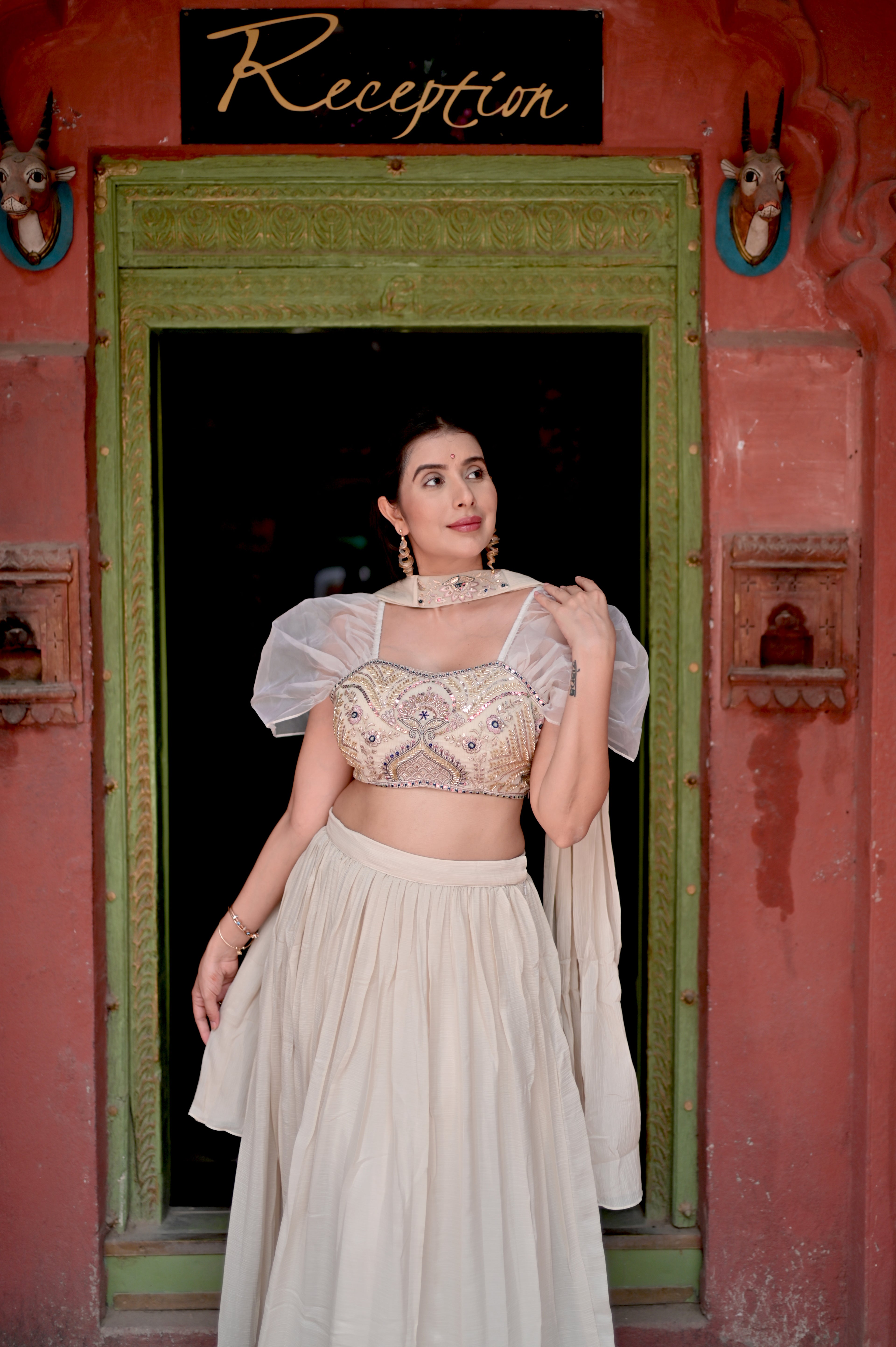 Champagne Grace Indo Western Lehenga Set — Tesla Chiffon with Thread Embroidery