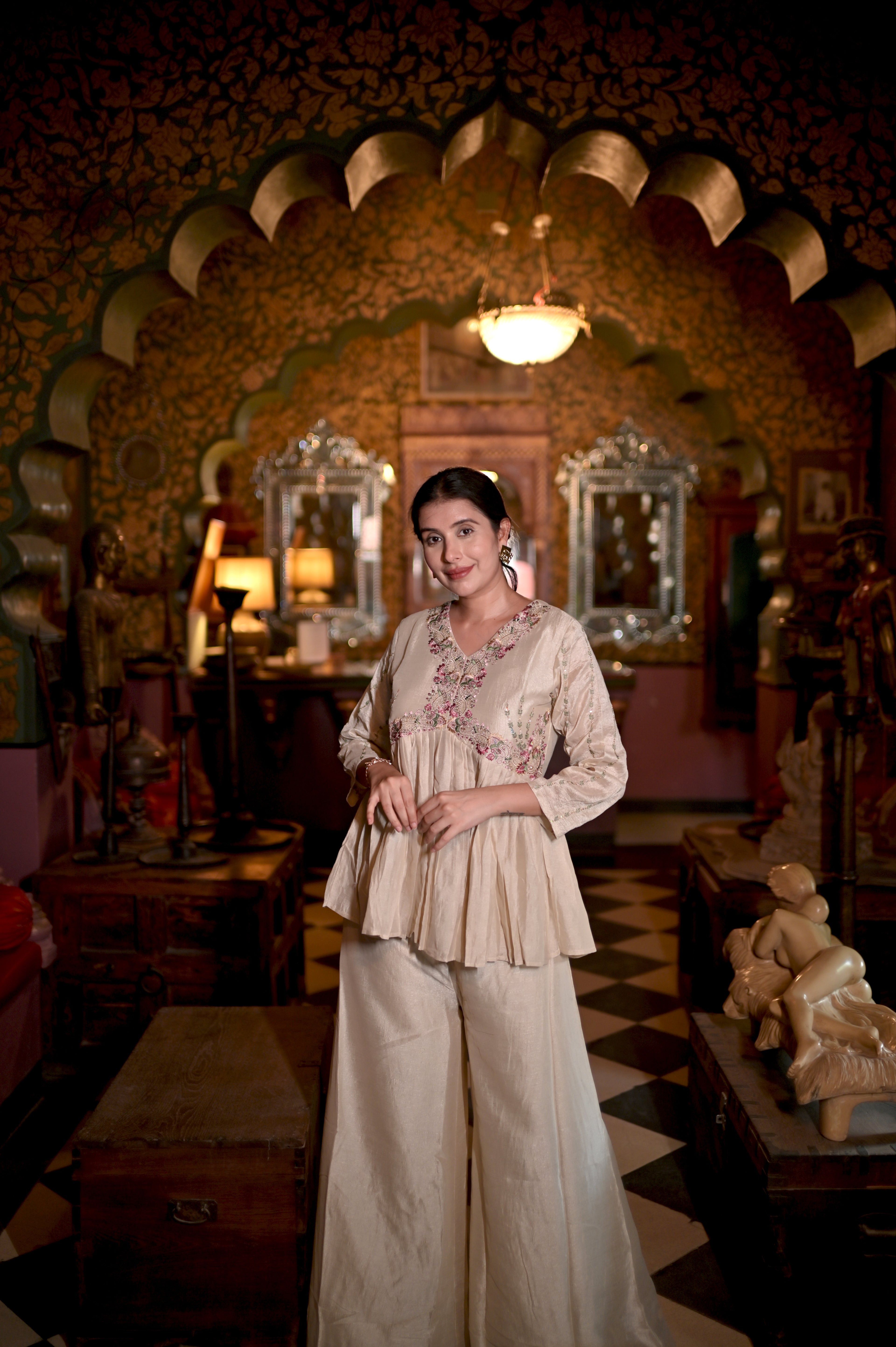 Beige Vichitra Zazu Silk Peplum Co-Ord Set