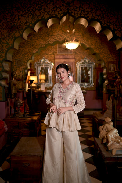 Beige Vichitra Zazu Silk Peplum Co-Ord Set