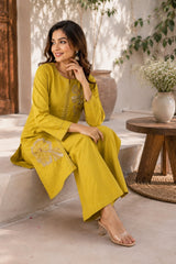 Mustard Yellow Floral Embroidered Malchanderi Co-Ord Set