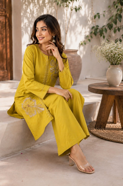Mustard Yellow Floral Embroidered Malchanderi Co-Ord Set