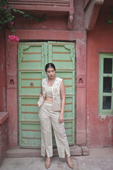 Beige Embroidered 3-Piece Co-Ord Set for Women — Jacket, Inner Top & Trousers
