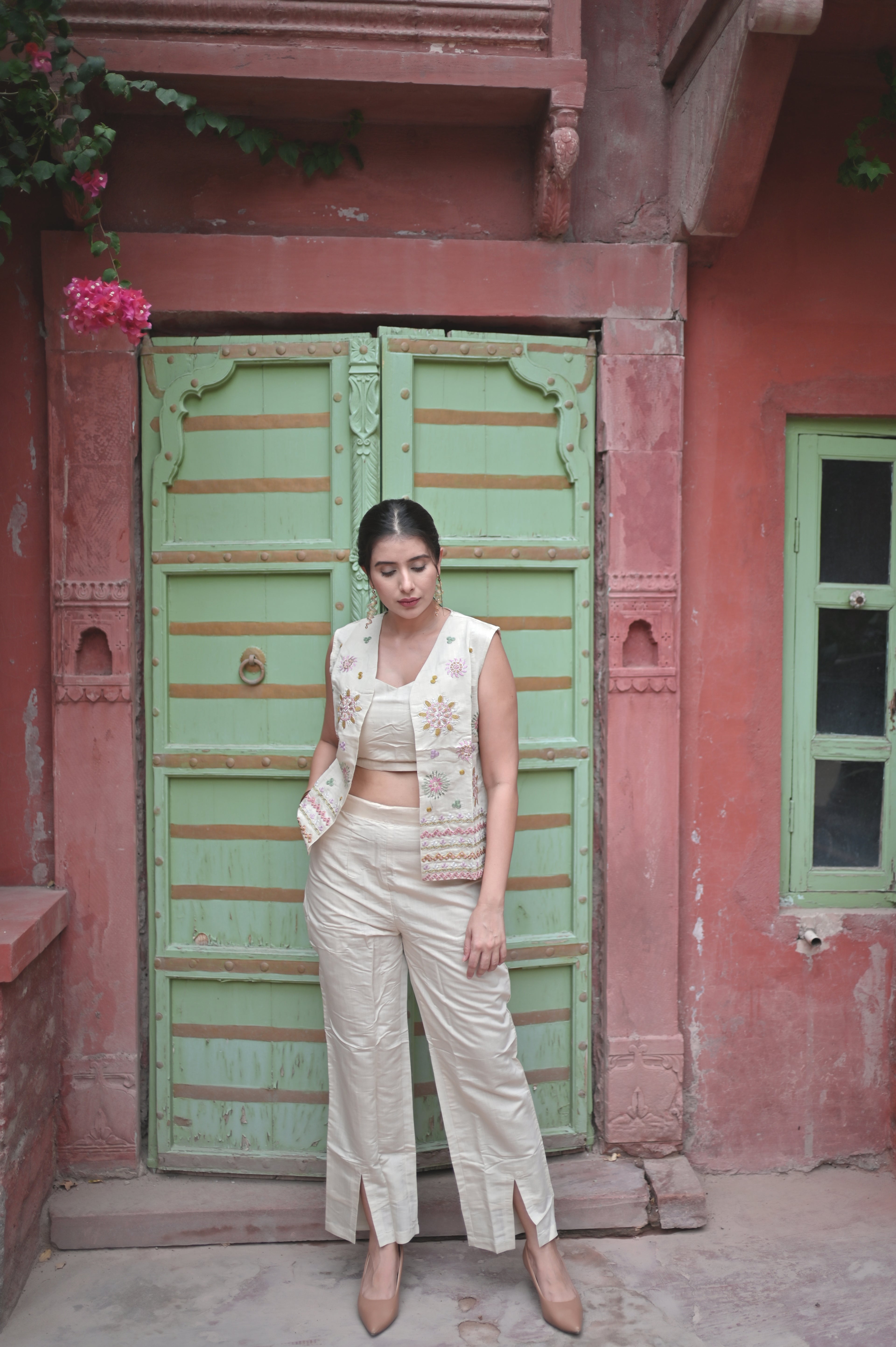 Beige Embroidered 3-Piece Co-Ord Set for Women — Jacket, Inner Top & Trousers