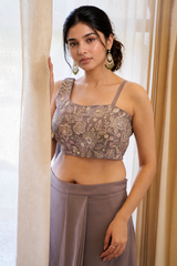 One-Shoulder Crop Top & Layered Skirt Set in Mocha Walnut — Fox Georgette