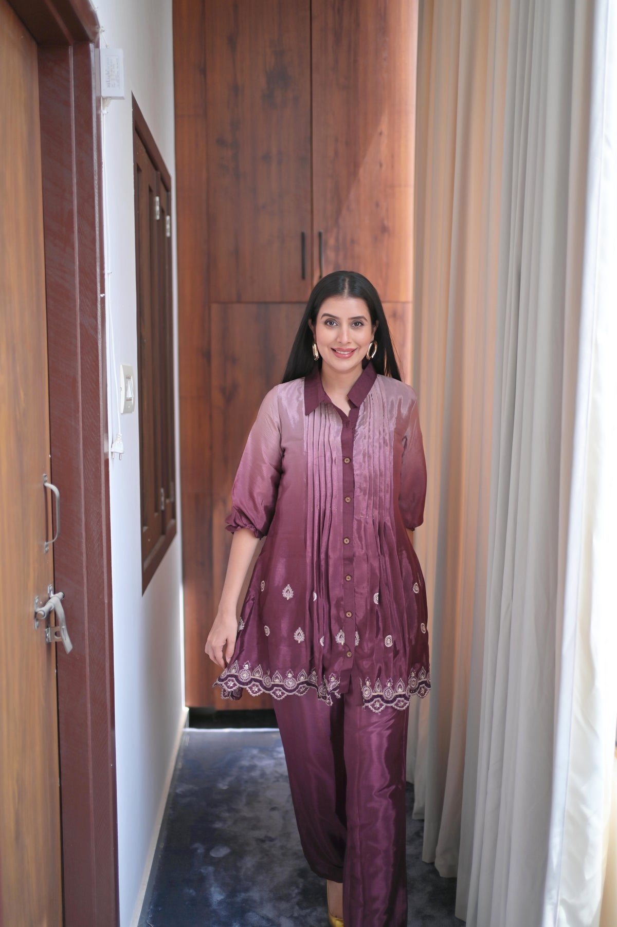 Wine Chinon Pleated Co-Ord Set for Women — Shirt-Style Top & Straight Pants