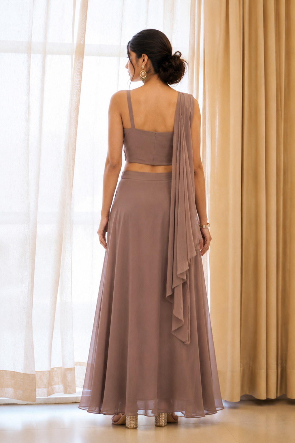 One-Shoulder Crop Top & Layered Skirt Set in Mocha Walnut — Fox Georgette