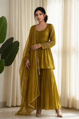 Mustard Yellow Embroidered Sharara Set with Dupatta — 3-Piece Ethnic Co-Ord Set