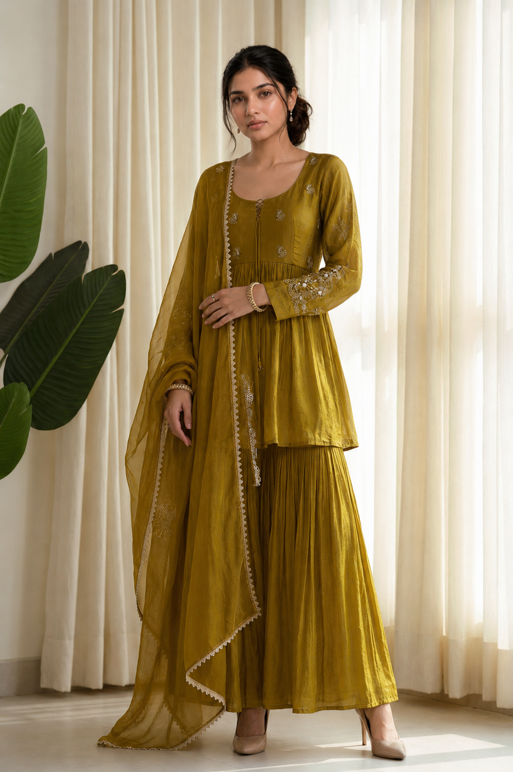 Mustard Yellow Embroidered Sharara Set with Dupatta — 3-Piece Ethnic Co-Ord Set