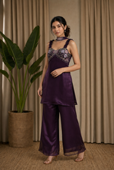 Dark Purple Embroidered Palazzo Set with Dupatta — 3-Piece Fusion Wear for Women