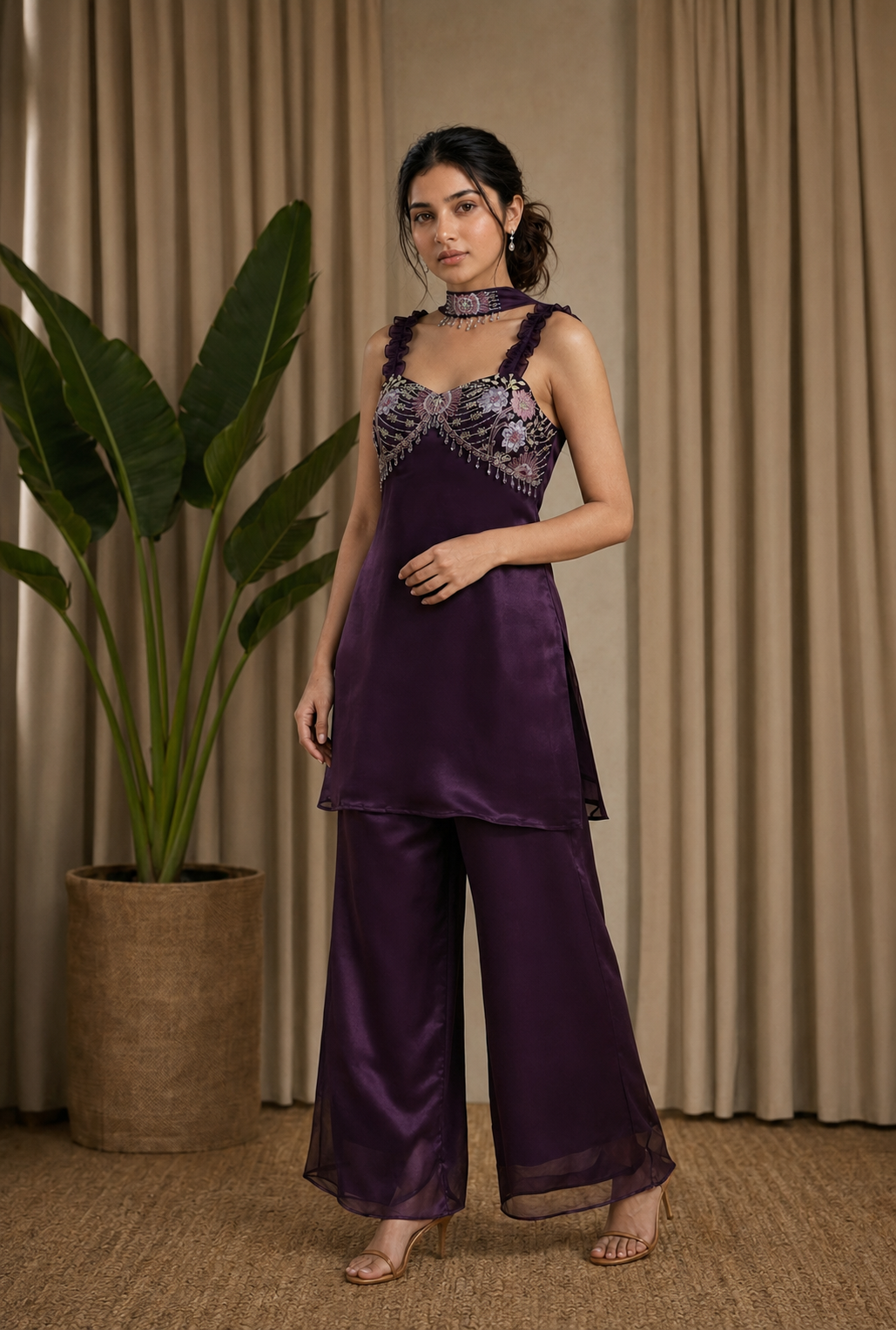 Dark Purple Embroidered Palazzo Set with Dupatta — 3-Piece Fusion Wear for Women
