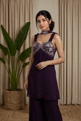 Dark Purple Embroidered Palazzo Set with Dupatta — 3-Piece Fusion Wear for Women