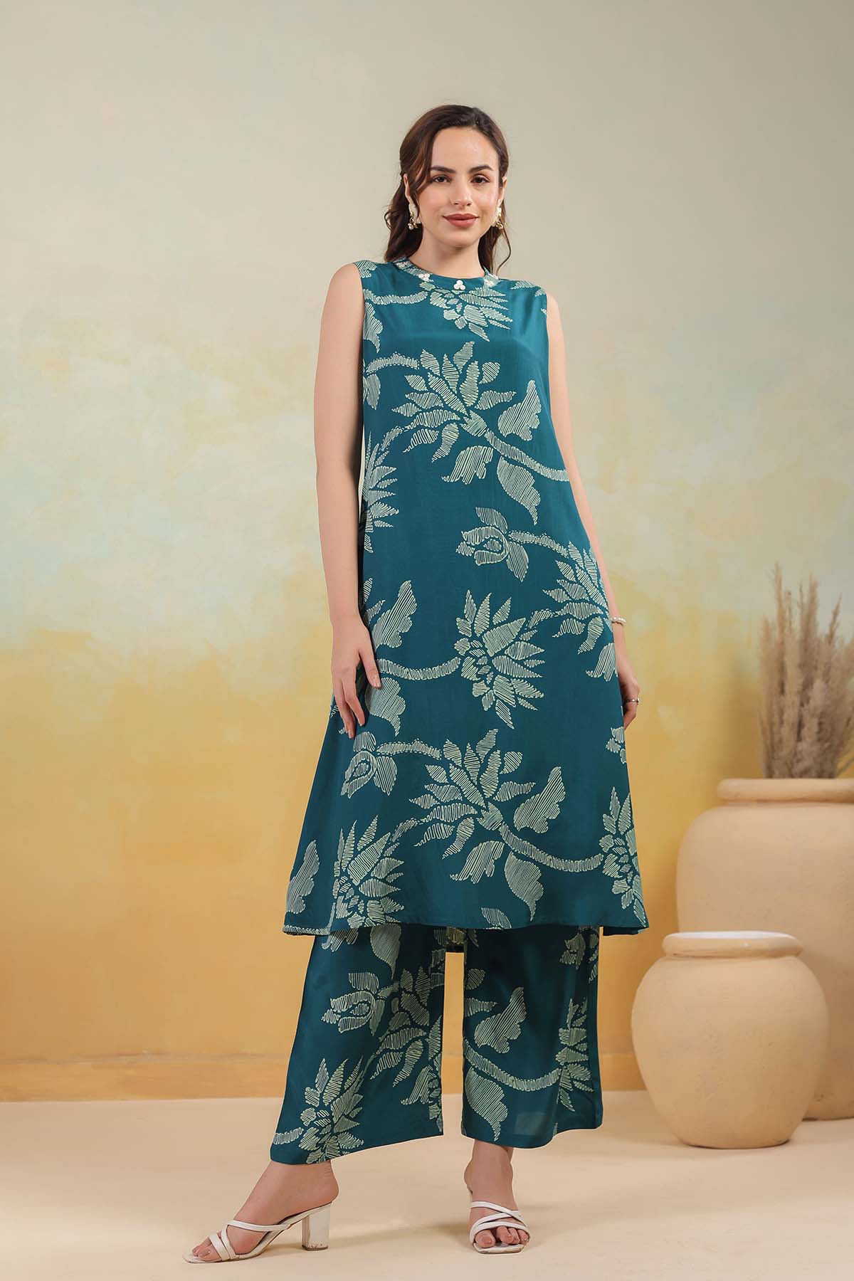 Blue Printed Russian Silk Co-Ord Set