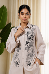 Ivory Noir Embroidered Co-Ord Set for Women — Shirt Collar Top & Straight Trousers