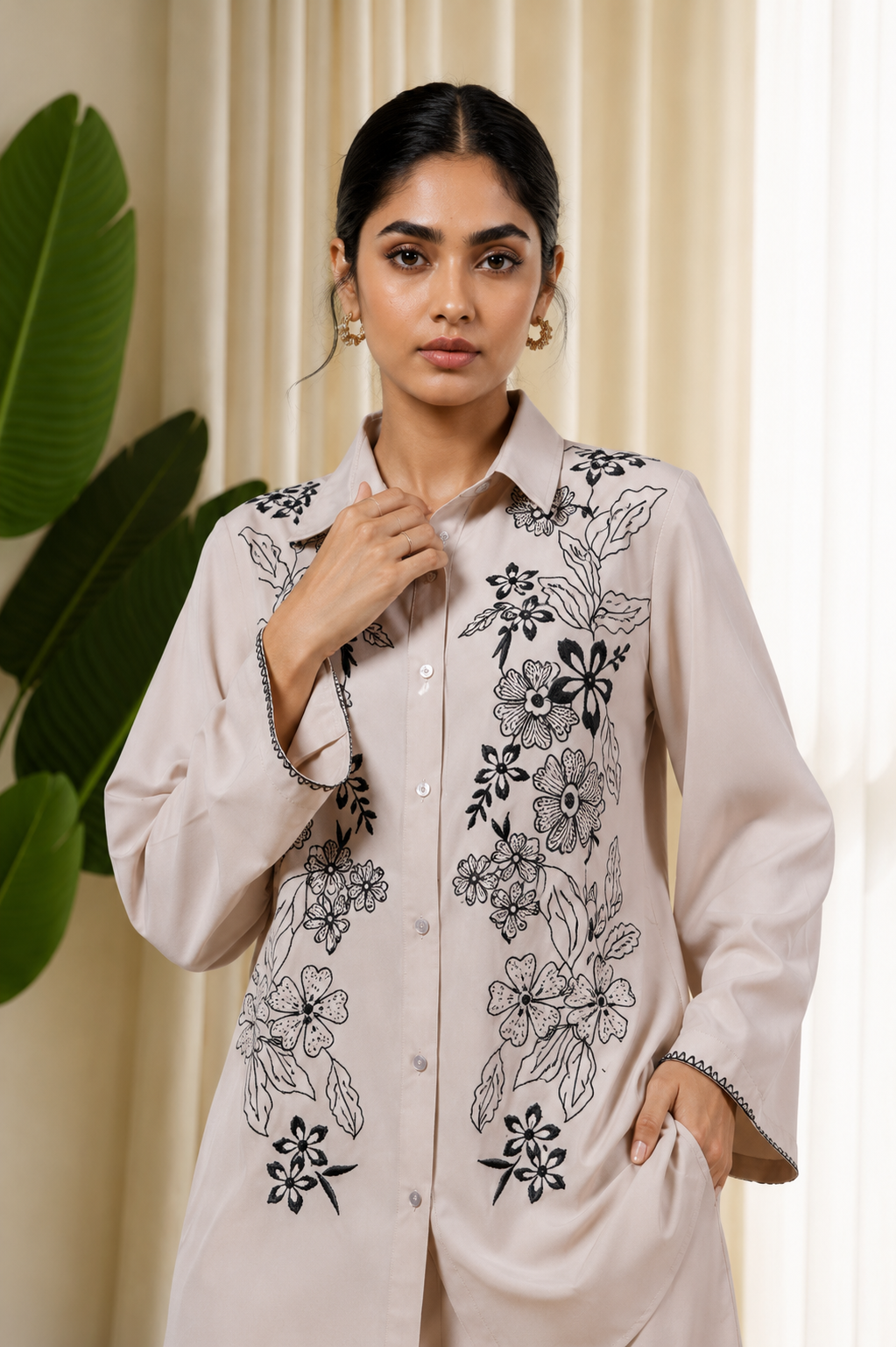 Ivory Noir Embroidered Co-Ord Set for Women — Shirt Collar Top & Straight Trousers