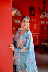 Sky Blue Floral Digital Print Indo-Western Lehenga Set