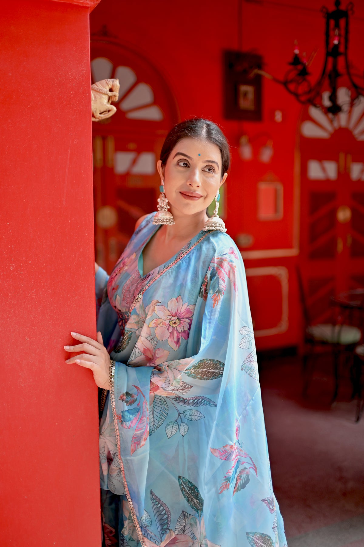 Sky Blue Floral Digital Print Indo-Western Lehenga Set