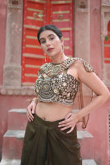 Olive Embellished Blouse & Draped Skirt Set for Women — Indo-Western Fusion