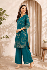 Ocean Teal Artistic Print Satin Georgette Co-Ord Set