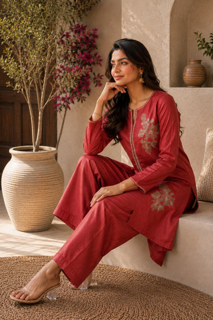 Gajri Floral Embroidered Malchanderi Co-Ord Set
