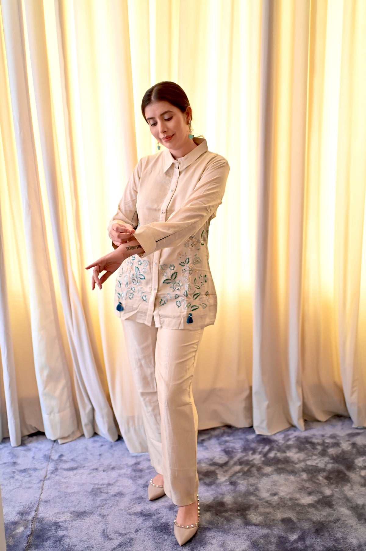 Sand Beige Ethnic Co-Ord Set for Women — Vichitra Zazu Silk Shirt Top & Trousers