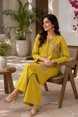 Mustard Yellow Floral Embroidered Malchanderi Co-Ord Set