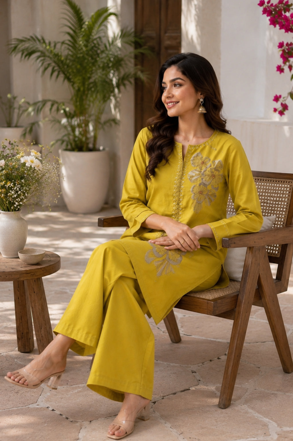 Mustard Yellow Floral Embroidered Malchanderi Co-Ord Set