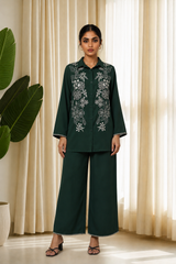 Emerald Green Floral Embroidered Co-Ord Set for Women — Shirt-Collar Top & Wide-Leg Trousers