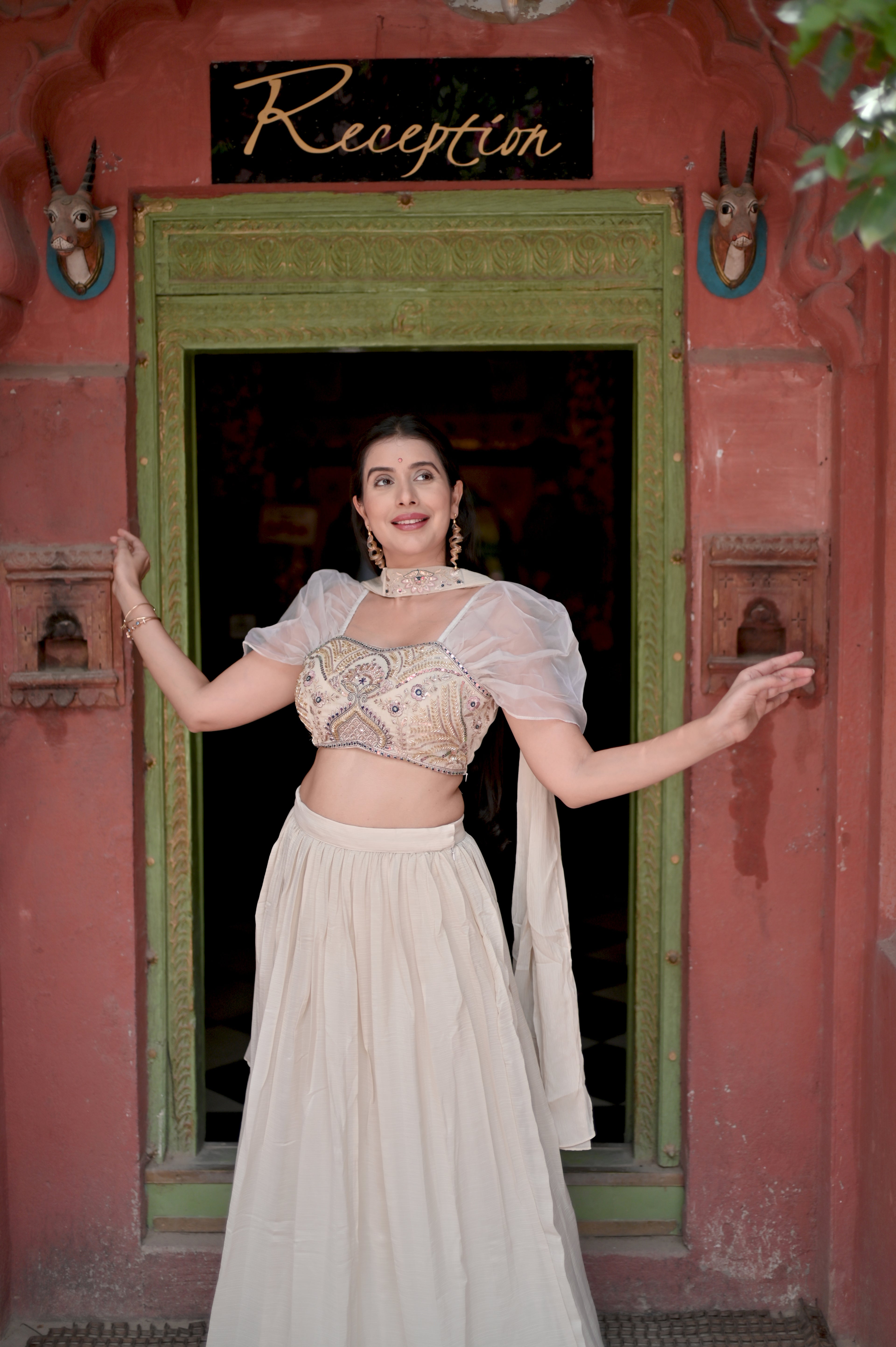 Champagne Grace Indo Western Lehenga Set — Tesla Chiffon with Thread Embroidery