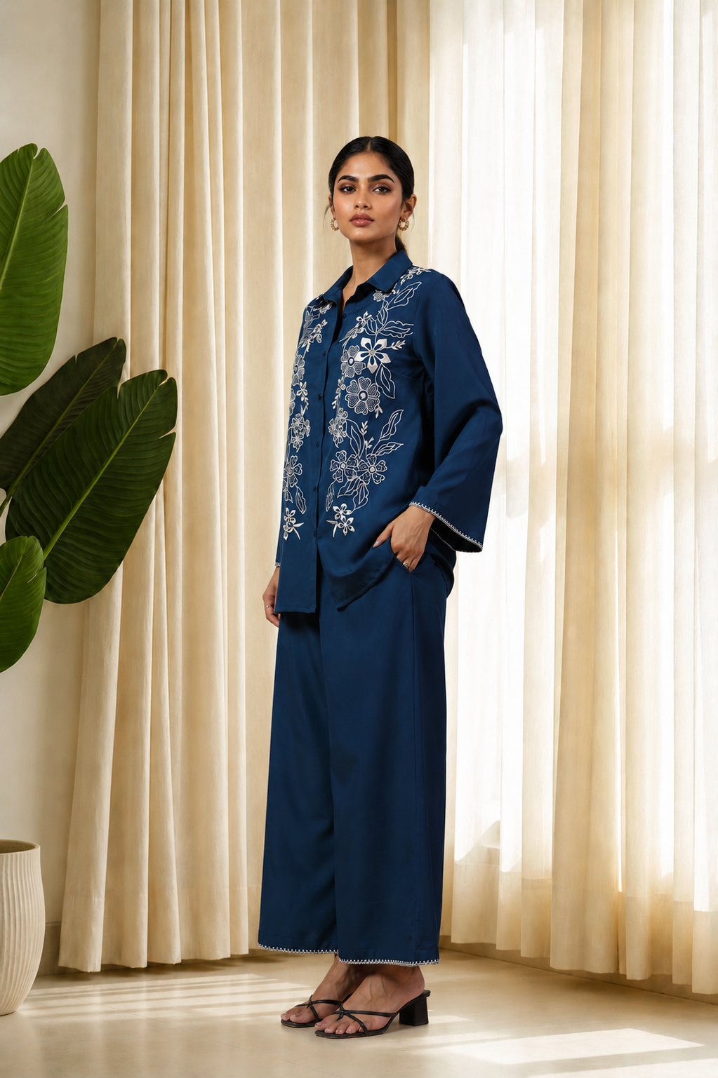 Sapphire Blue Embroidered Shirt Co-Ord Set for Women — Shirt-Collar Top & Trousers