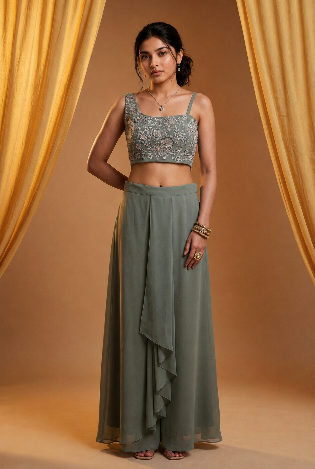Sage Green One-Shoulder Crop Top & Layered Skirt Set — Fox Georgette