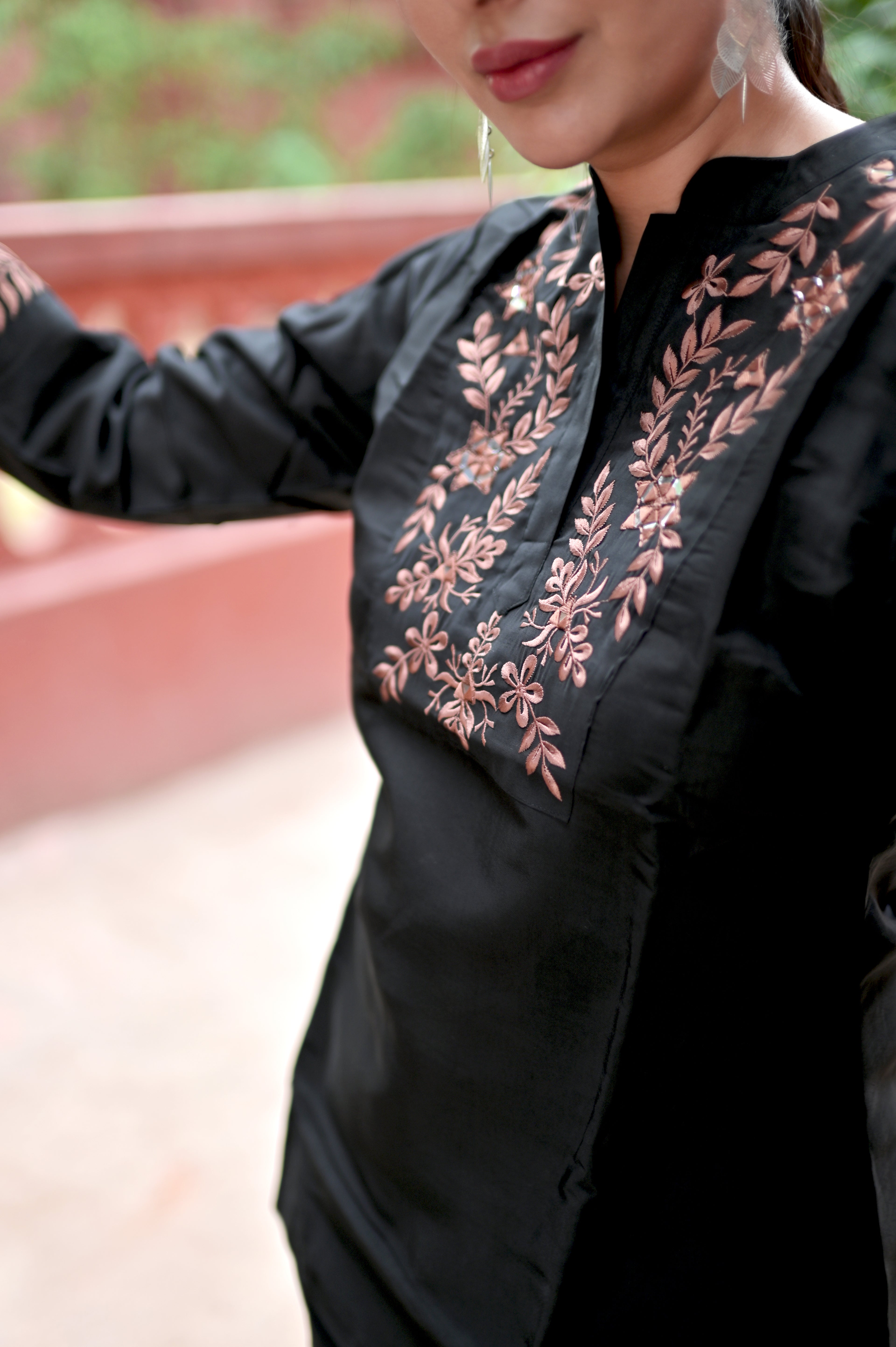 Black Embroidered Roman Silk Co-Ord Set for Women — Kurta-Style Top & Straight Pants