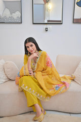Mustard Yellow Embroidered Kurta Set with Floral Dupatta — 3 Piece Festive Set for Women