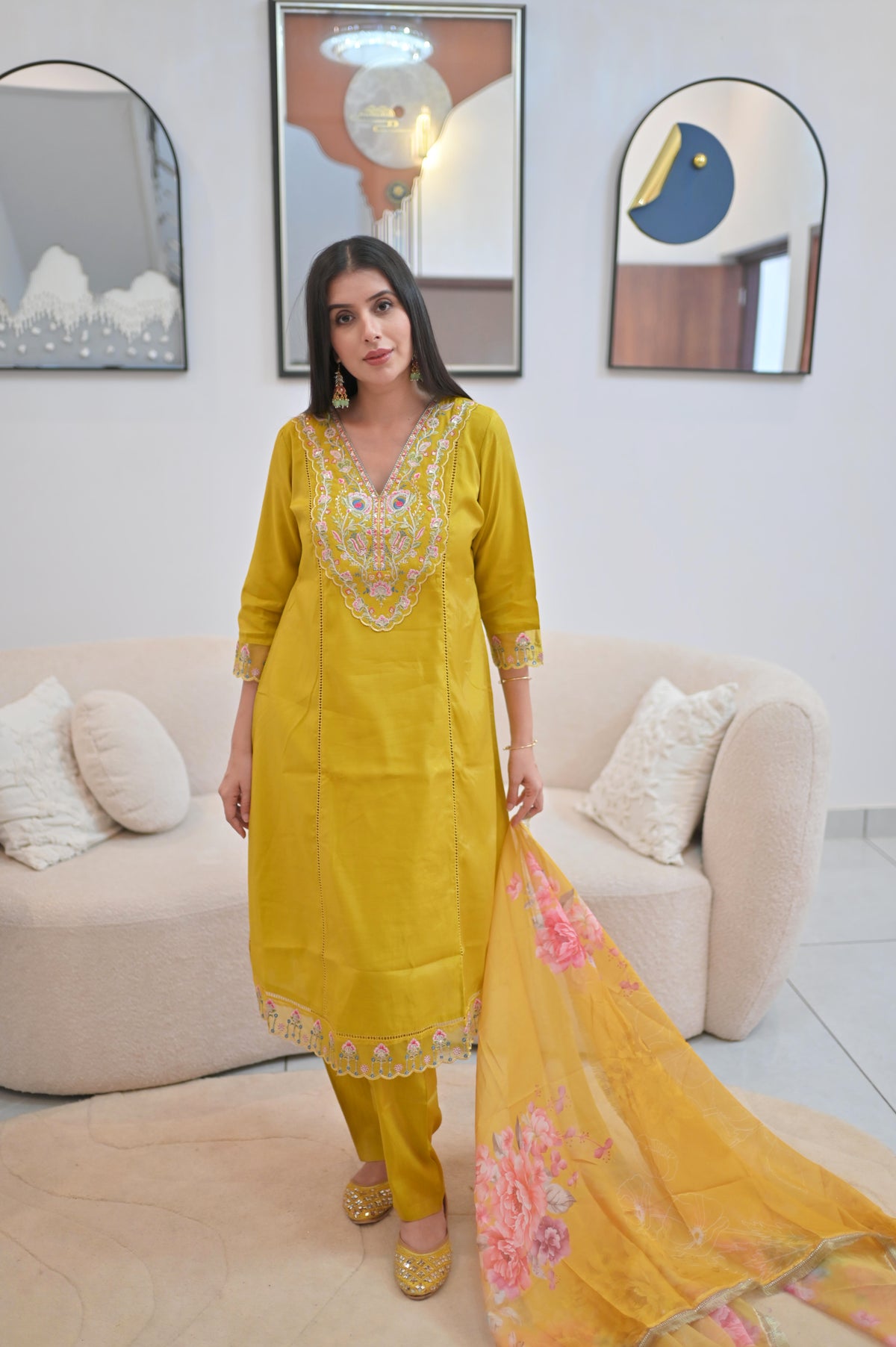 Mustard Yellow Embroidered Kurta Set with Floral Dupatta — 3 Piece Festive Set for Women