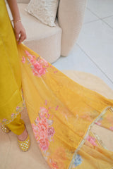 Mustard Yellow Embroidered Kurta Set with Floral Dupatta — 3 Piece Festive Set for Women