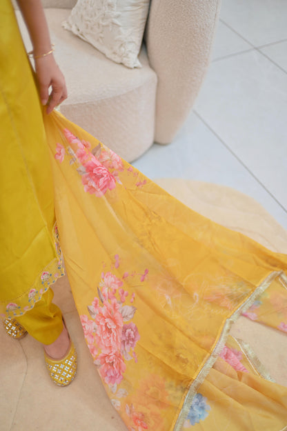 Mustard Yellow Embroidered Kurta Set with Floral Dupatta
