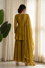 Mustard Yellow Embroidered Sharara Set with Dupatta — 3-Piece Ethnic Co-Ord Set
