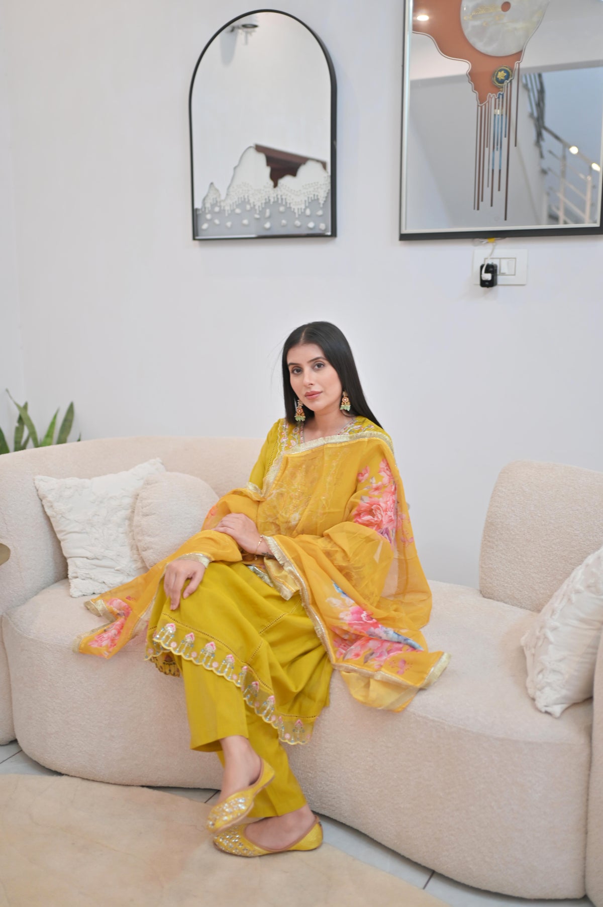 Mustard Yellow Embroidered Kurta Set with Floral Dupatta — 3 Piece Festive Set for Women
