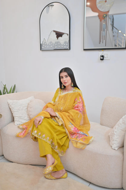 Mustard Yellow Embroidered Kurta Set with Floral Dupatta
