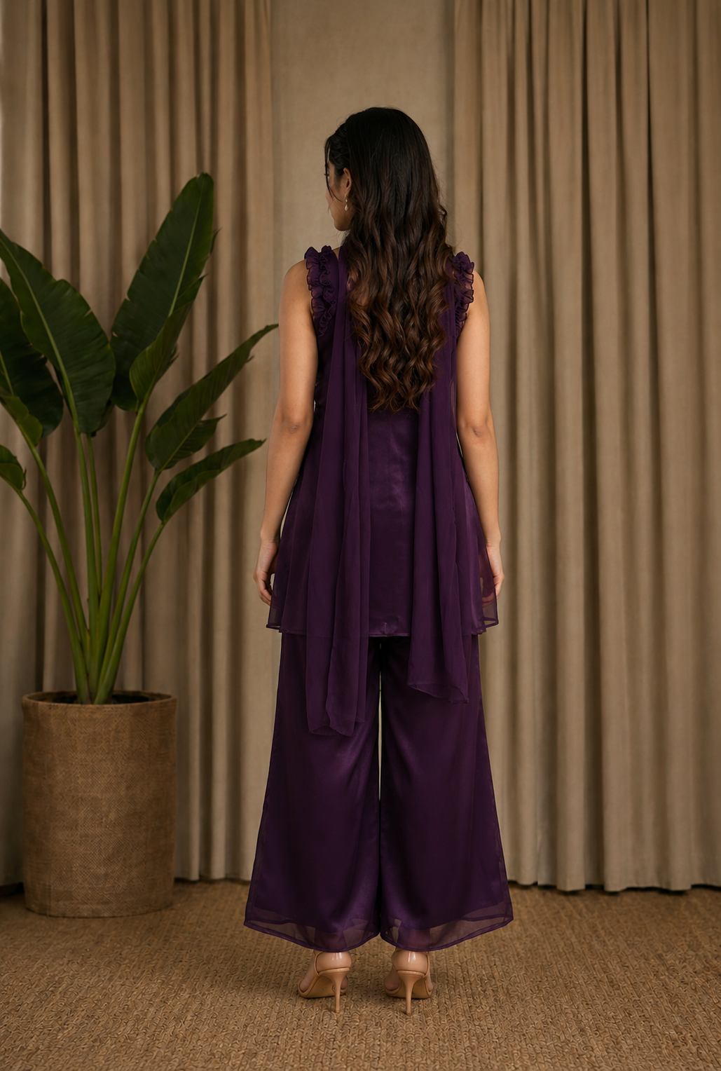 Dark Purple Embroidered Palazzo Set with Dupatta — 3-Piece Fusion Wear for Women