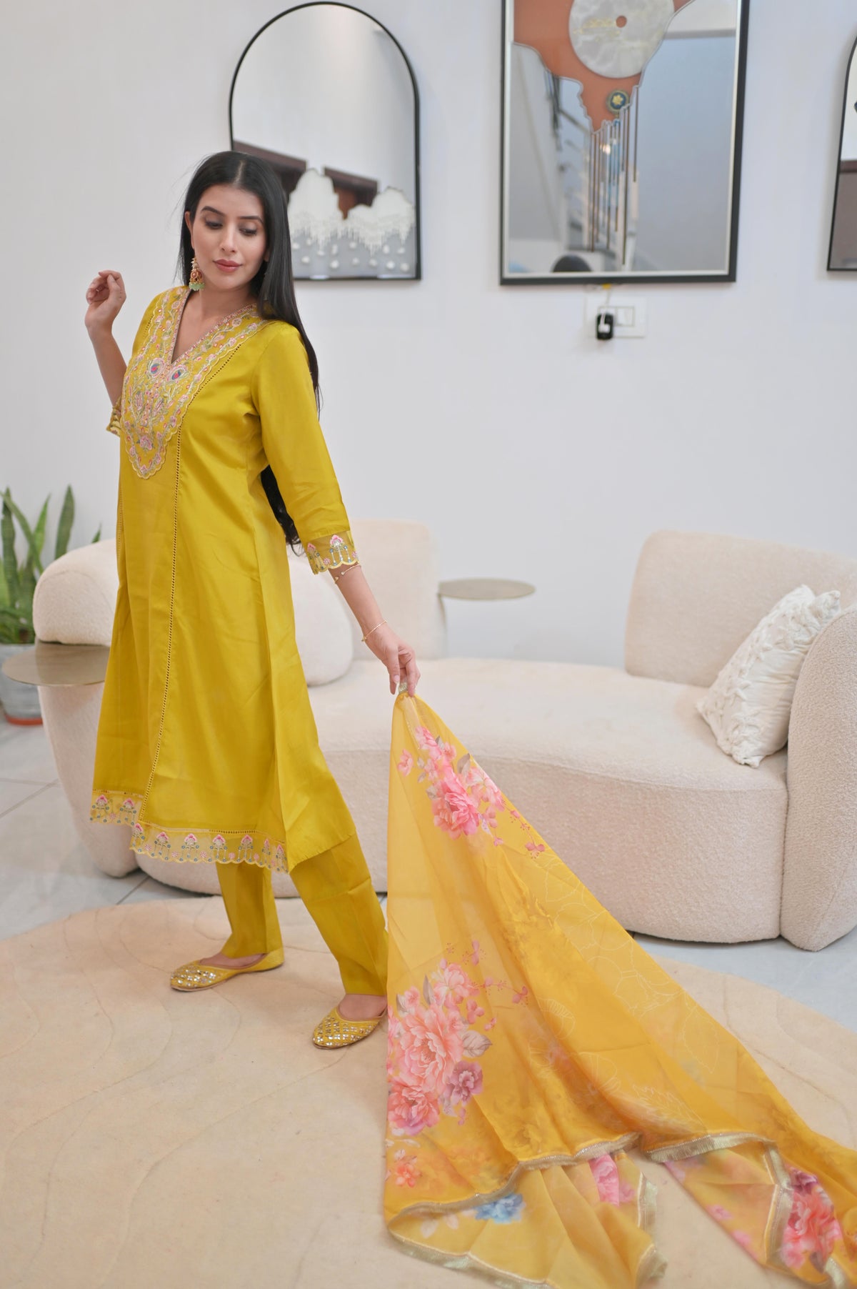 Mustard Yellow Embroidered Kurta Set with Floral Dupatta — 3 Piece Festive Set for Women