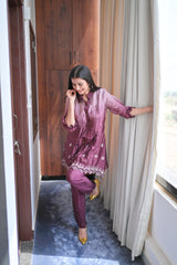 Wine Chinon Pleated Co-Ord Set for Women — Shirt-Style Top & Straight Pants